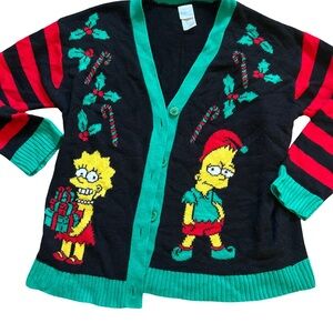 Rare VTG 90s The Simpsons Women’s Large Ugly Cardigan Bart Elf Lisa Presents